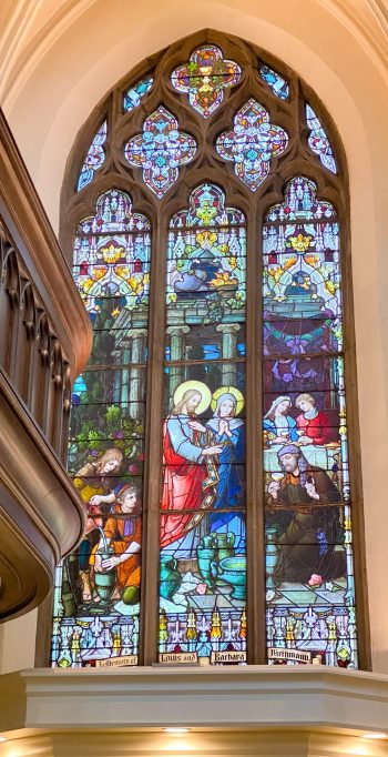 stained glass window in Catholic church