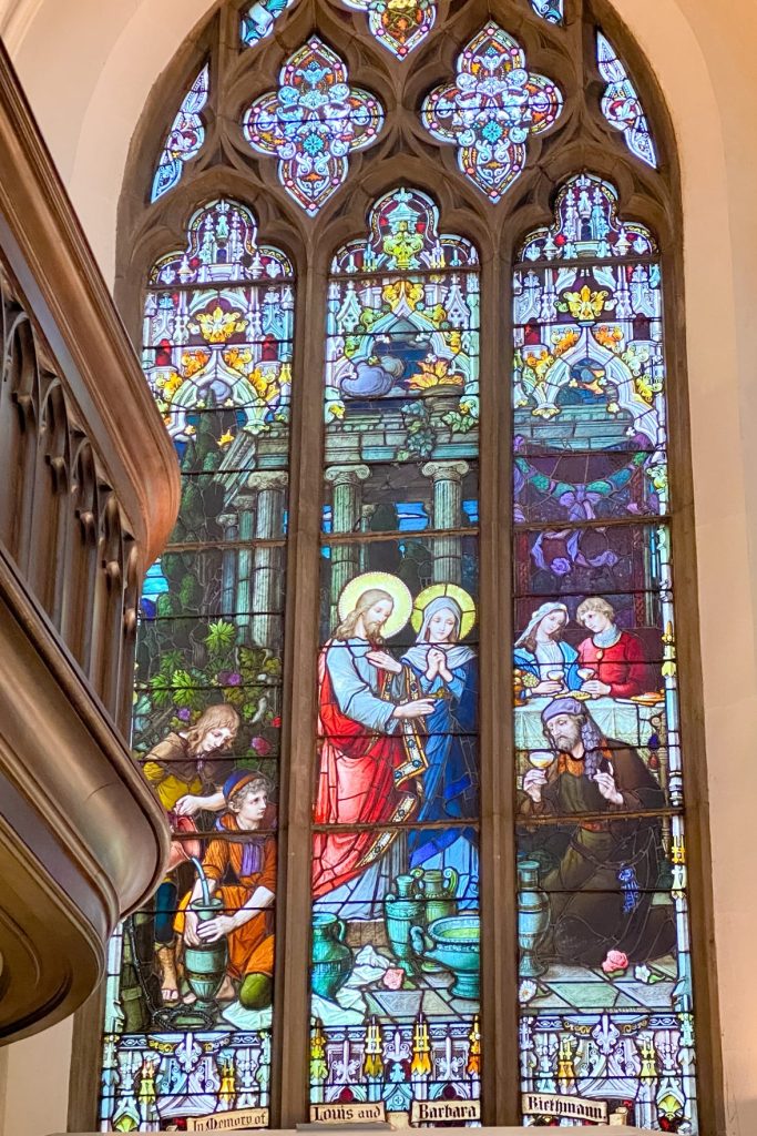 stained glass window in Catholic church